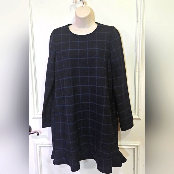 ZARA Trafaluc Collection Navy Blue Plaid Long Sleeve Ruffle Hem Dress, Large - Picture 10 of 15